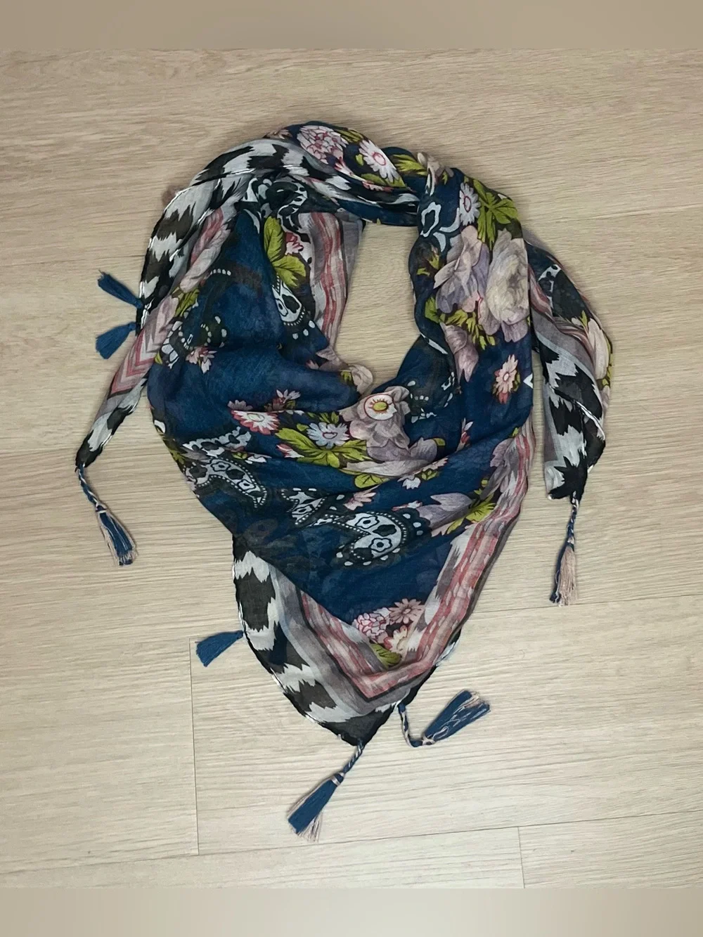 Blue Floral and Paisley Print Triangle Tassel Scarf - Women's Wrap